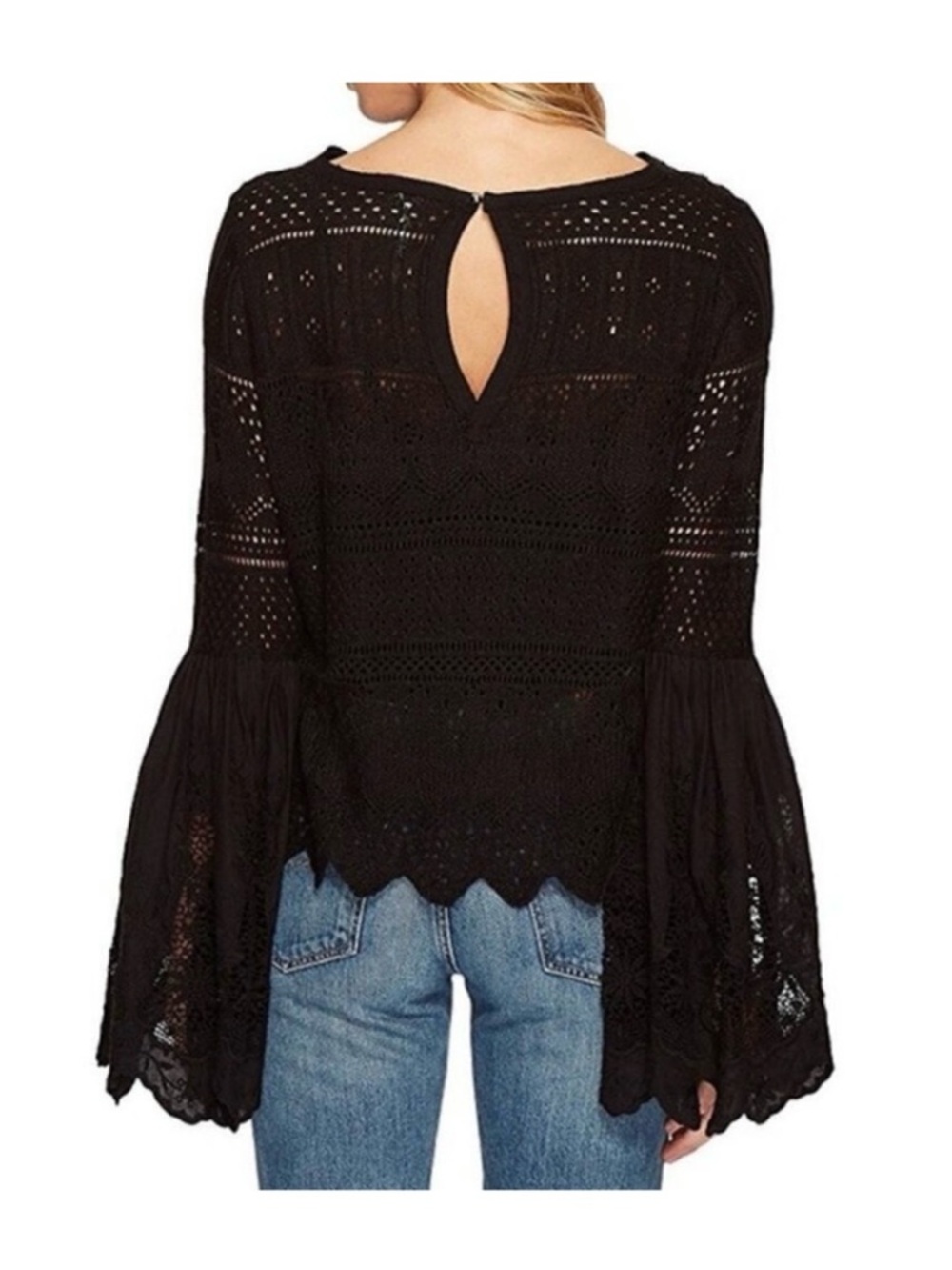 Free People Women Black Crochet Lace once upon a time Bell-Sleeve Blouse Size 6 - Picture 2 of 12